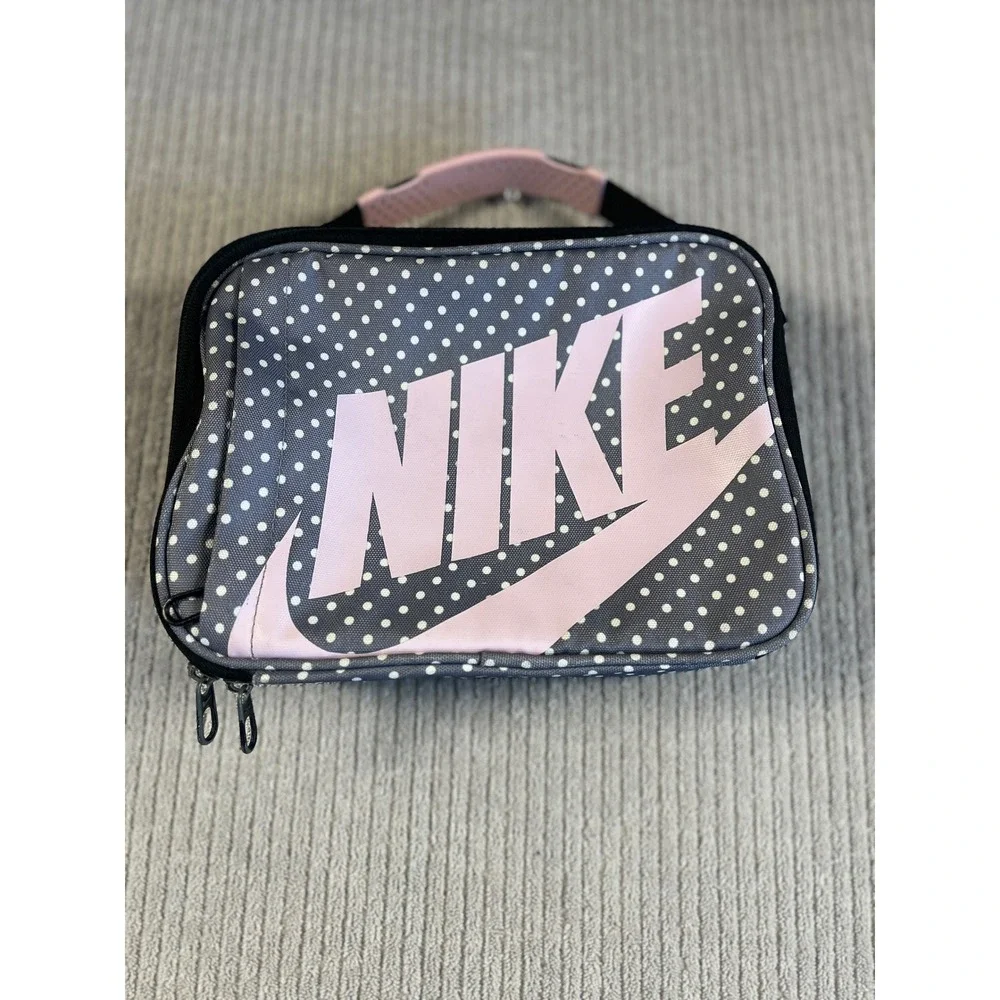 Nike Womens Girls Lunch Box Pink Polka Dot Insulated Grey Hard Shell
